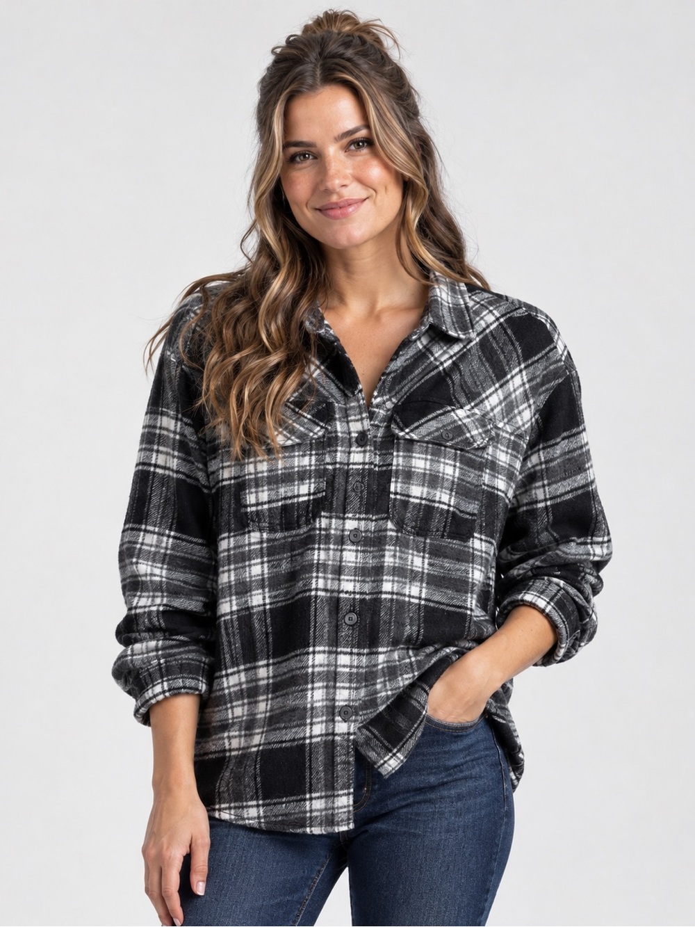Ardene Black & White Oversized Plaid Button-Down Shirt